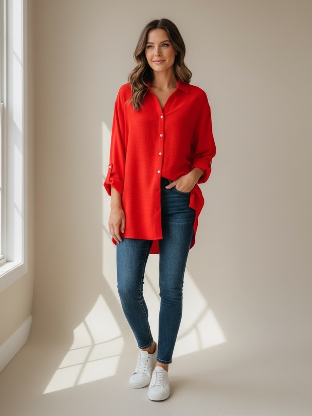 Chenault Red Button Down Tunic Blouse Roll Tab Sleeve L NWOT